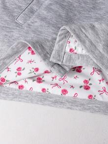 SHEIN Vintaside Kids 青少年女孩灰色連帽運動衫外套，秋季服飾，中長版花卉內裡單排扣大衣，韓系甜美風 - 灰色 - 查看 9