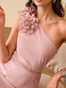 ZEYLAH Vestido ajustado con hombro asimétrico y flores 3D - Rosa - Ver 2