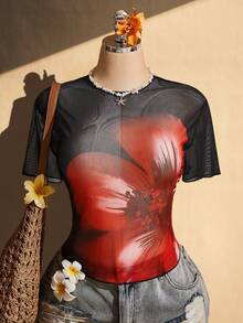 SHEIN ICON 女款大尺碼花卉印花圓領短袖時尚上衣 - 黑色 - 查看 1