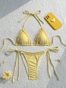 Swim Mod 女款2件式夏季海灘泳衣套裝，咖啡色格紋印花荷葉邊波浪邊掛脖綁帶上衣搭配側抽繩比基尼泳褲 - 黃色 - 查看 3