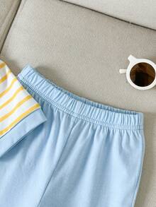 SHEIN 2pcs Infant Girl Summer Fashionable Simple Street Style Yellow & White Short Sleeve T-Shirt With Chest Embroidery & Blue Long Pants Set, Suitable For Daily School Wear - Yellow - View 5