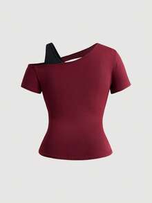 ROMWE Grunge Punk Plus Size Dark Punk 2 In 1 Fitted Distressed Ripped Edge Design T-Shirt - Red - View 2