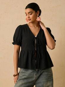 Travachic Plus Size Women's Solid Color Front Tie Short Sleeve Casual Elegant Boho Shirt Vacation Black Summer Date Night Office - Black - View 1