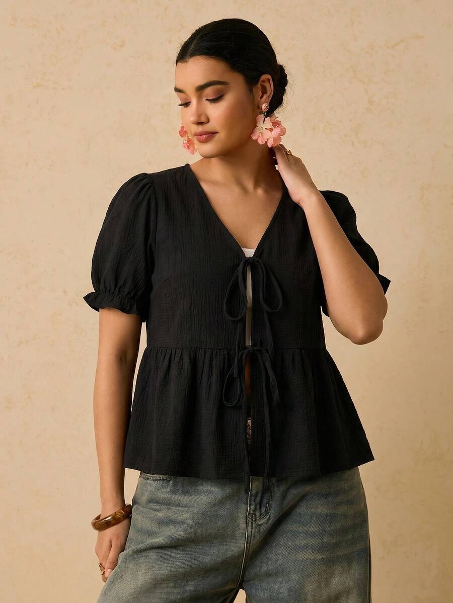 Travachic Plus Size Women's Solid Color Front Tie Short Sleeve Casual Elegant Boho Shirt Vacation Black Summer Date Night Office - Black - View 1