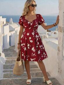 Elenzga Plus Size Women Elegant Front Pleated Waist Cinched Short Sleeve Dress - Burgundy - View 7