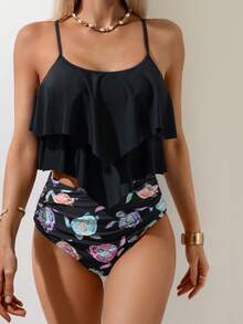 Swim Lushoire 2025 女款 2 件組夏季度假荷葉邊上衣海龜印花高腰泳裝套裝 - 彩色 - 查看 4