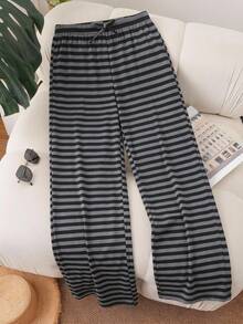 SHEIN Teen Girls Casual Comfortable Striped Grey & White Pants, All-Match Versatile Knit Trousers For Everyday Wear - Dark Grey - View 6