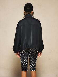 MISSGUIDED X Carli Bybel Oversized Satin Bomber Jacket With Stand Collar Half-Zip Closure And Balloon Sleeves For Fall Winter - Black - View 4