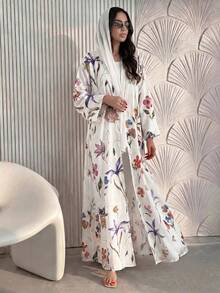 Yasveil 女款花卉印花緞面長袖阿巴雅度假洋裝 - 白色 - 查看 6
