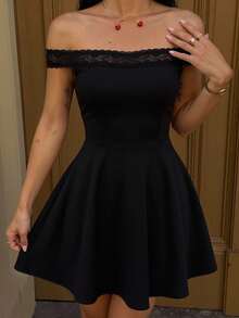 SHEIN EZwear 女士黑色针织露肩连衣裙 - 黑色 - 查看 2