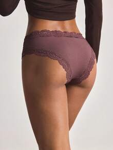 Ocili 5pcs/Pack Chic Autumn Leisure Basic Solid Color Soft 100% Cotton Lace Trim Low Waist Women's Briefs - Rust Brown - View 2