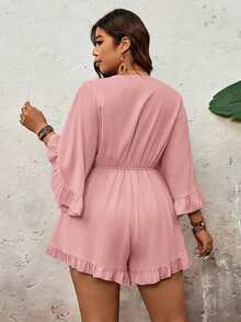 SHEIN VCAY Mono de talla grande para vacaciones de unicolor, manga de murciélago, bajo con volantes, cintura con lazo - Rosa - Ver 2