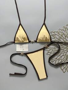 Bonvoyette 女款夏季海灘對比飾邊掛脖綁帶性感比基尼三角泳褲兩件式泳衣套裝 - 彩色 - 查看 2