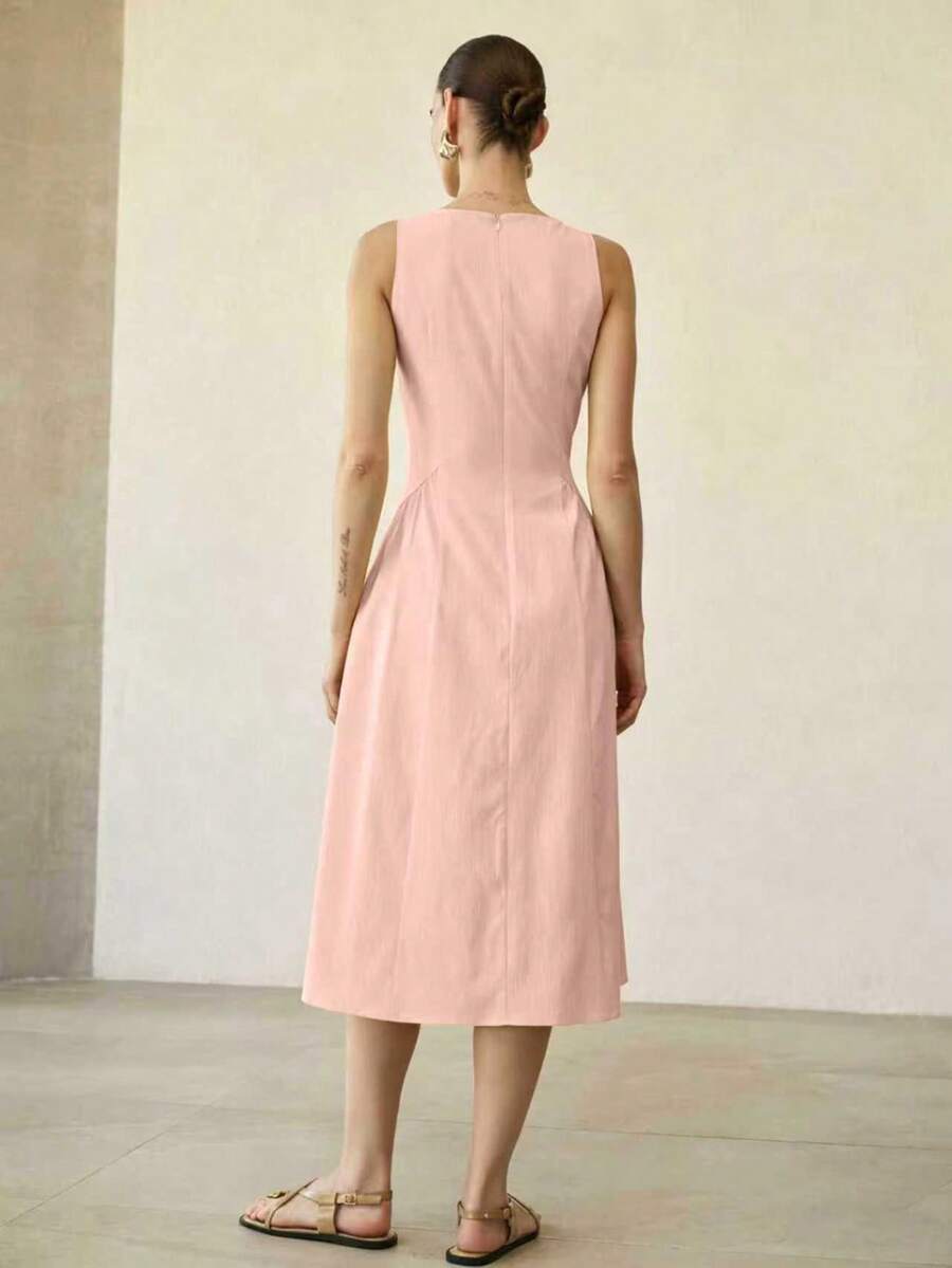 MOTF PREMIUM WOMEN'S WAIST-CINCHED BACK ZIPPER MID-LENGTH DRESS - Pink - View 2