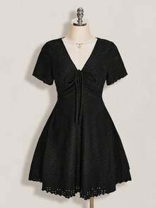 SHEIN ICON Plus Size Women's Solid Color Front Tie Short Sleeve Jacquard Knit Dress Date Night Black Summer Cute Vacation Wedding Guest Fairy Kawaii Whimsical - Black - View 3