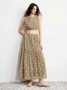 Aveloria Modichic Summer Hollow Embroidery Floral 3D Heavy Fabric Khaki Off-Shoulder Sleeveless Cropped Loose Top Patchwork A-Line Long Skirt Women's 2-Piece Set Sexy - Green - View 3