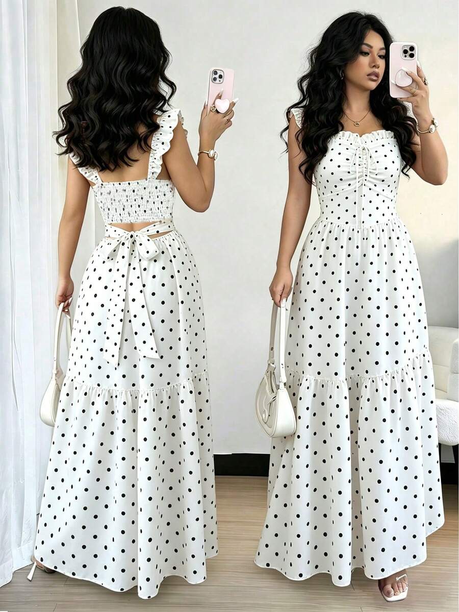 Rafferiza Women's Summer Polka Dot Print Waist-Cinched Dress Suitable For Daily Wear - White - View 1