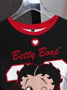 Betty Boop x SHEIN 女士休闲撞色卡通图案圆领短袖T恤，夏季 - 白色 - 查看 5