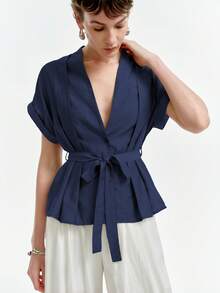 Aalyst Women's Spring/Summer Commute Single-Thread Bamboo Linen Solid Color V-Neck Pleated Dropped Shoulder Cuffed Short Sleeve Blouse - Navy Blue - View 4