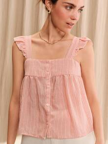 lacRébo Pink And White Striped Square Neck Blouse Loose Fit Ruffle Sleeves Open Back Self Tie Bow Summer Holiday Romantic Cute Vintage Vacation Tea Party - Pink - View 2