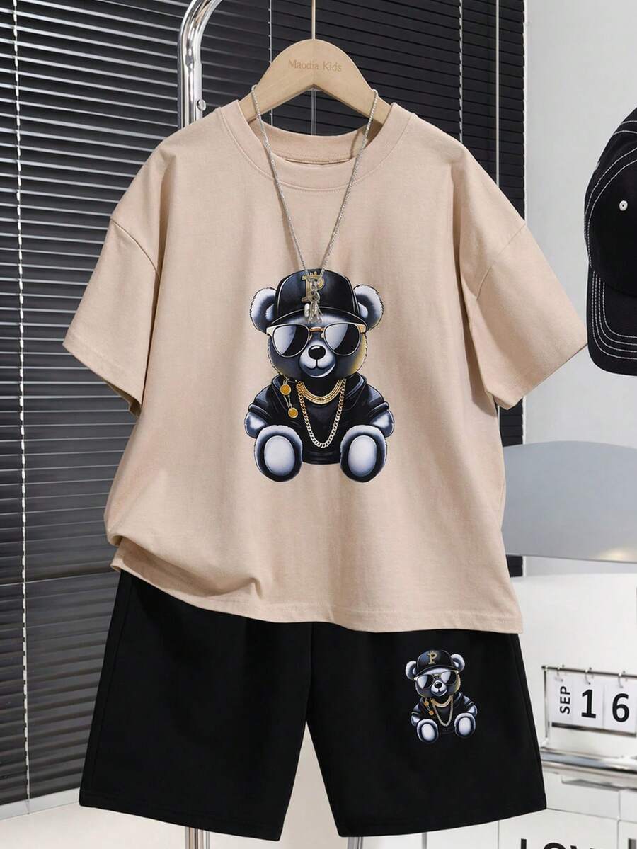 SHEIN 青少年男童卡通印花圓領短袖T恤與短褲夏季套裝 - 彩色 - 查看 1