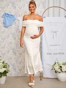 Loomaby Maternity Off-Shoulder Pleated Jacquard Elegant Dress,Gender Reveal Dress,Maternity Dress,Baby Shower Dress - Apricot - View 10