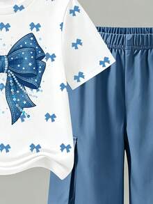 Conjunto 2 Peças para Meninas Jovens, Top Camiseta de Manga Curta com Laço Azul, Estampa de Bordado Falso e Calça Cargo com Bolso na Cor Combinando, Estilo Fashion Doce, Adequado para Passeios no Verão - Multicolorido - Visão 7