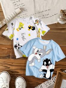 LOONEY TUNES X SHEIN GraphicGems Baby Boy Round Neck Cartoon Print Casual Versatile Daily Outing Short Sleeve Tops 2pcs/Set - Multicolor - View 4