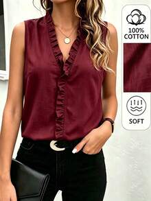 EMERY ROSE Women's Solid Color Ruffle Trim V-Neck Casual Elegant Sleeveless Blouse Vacation Burgundy Red Summer Brunch Date - Burgundy - View 4