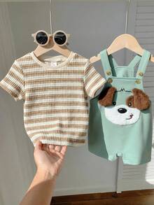 SHEIN 2件套男女宝宝休闲可爱3D小狗图案背带短裤和条纹短袖针织上衣套装，男宝宝服装套装 - 彩色 - 查看 4