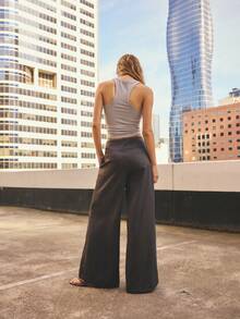Aralina Pantalones de cintura ancha y tiro bajo con rayas finas para mujer, gris oscuro, elegantes y profesionales para oficina y trabajo en invierno, pantalones de pierna ancha a rayas para mujer - Multicolor - Ver 2
