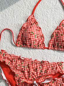 Swim Mod Summer Beach Party Women 3-Piece Set Cherry Print Random Halter Top Bikini Bottoms Side Tie Sexy Cute Vacation Swimwear Outfit All White - Red - View 3