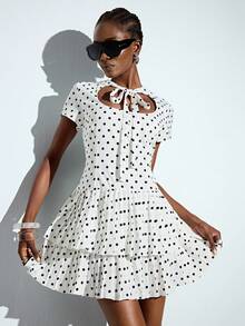 Aveloria GENKIRA Summer White And Black Polka Dot Hollow Lace-Up Small Stand Collar Short Sleeve Waist-Cinching Dress Women's Vintage French Tea Party Brunch - Multicolor - View 4