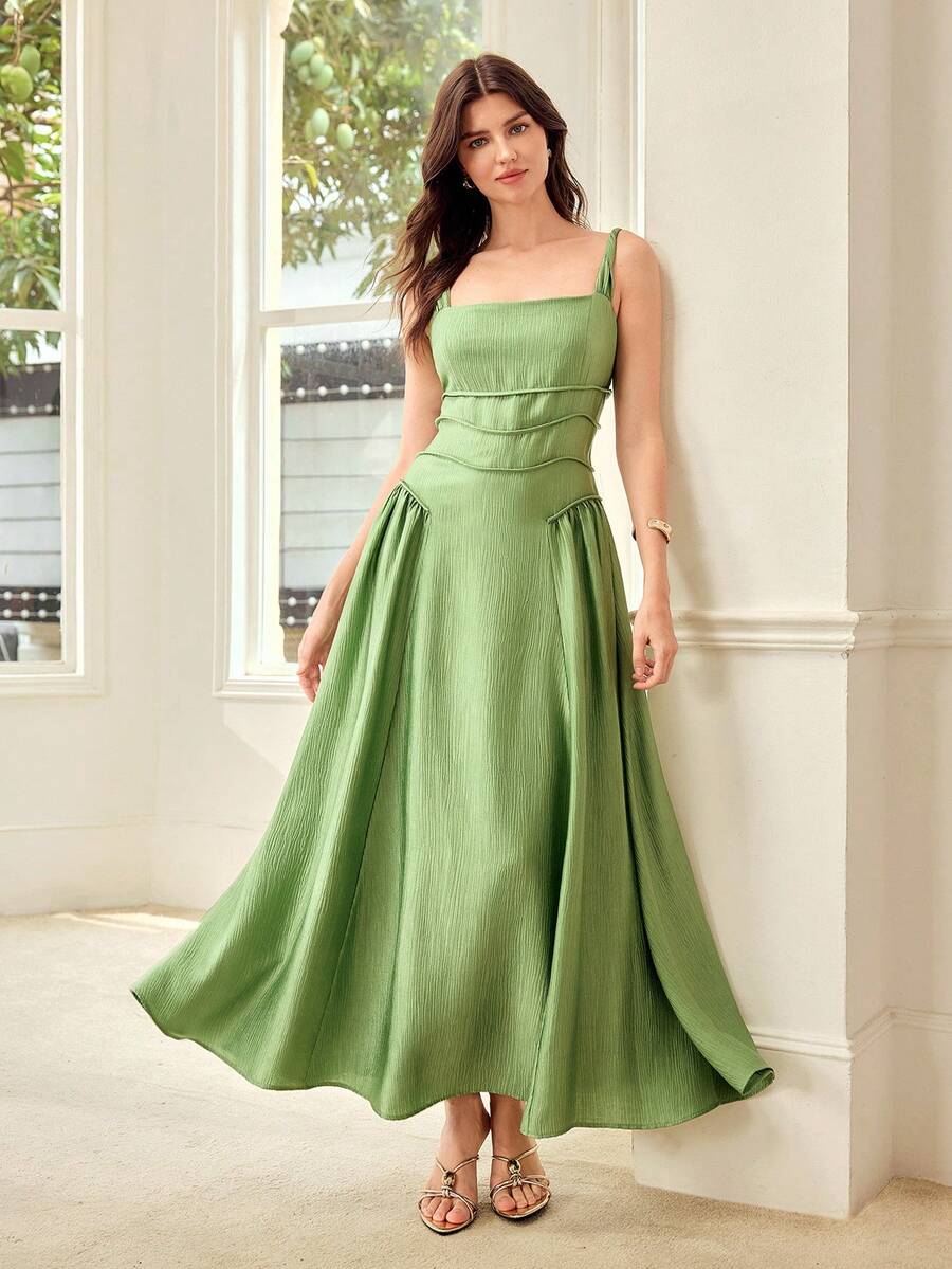 MOTF PREMIUM SPRING/SUMMER WOMEN'S TEXTURED WAIST-CINCHED FLARED STRUCTURE DESIGN DRESS - Green - View 2