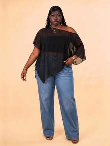 CurvyTilda Plus Size Women Solid Color Asymmetric Neck Summer Vacation Versatile Sexy Country Blouse, For Hourglass Body Shape Clubbing Concert Black - Black - View 6