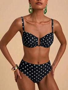 Travachic Bộ đồ bơi nữ mùa hè đi biển họa tiết chấm bi, áo bikini dây mảnh và quần tam giác - Đen và trắng - Xem 7