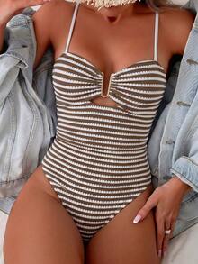 SHEIN Swim Women's New Striped U-Neck One-Piece Swimsuit - Brown - View 3