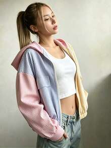 SHEIN Tween Girl Contrast Color Striped Patchwork Hooded Jacket - Multicolor - View 3