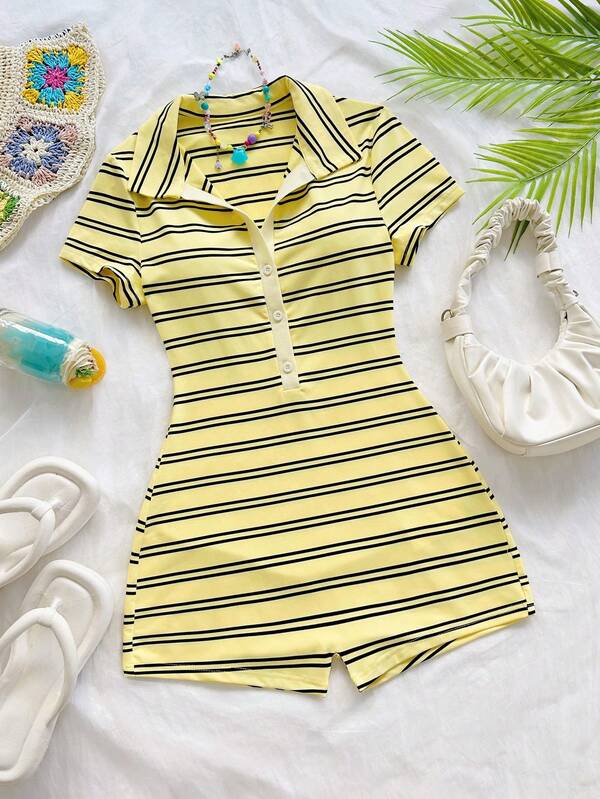Soleia Women's Striped Button-Up Half-Placket Short Sleeve Casual Romper