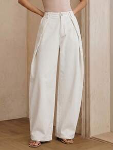 Anewsta Essential Spring New Khaki Washed Wide Leg Pants, Fashionable Minimalist Commuter Loose Slimming Curved Leg Jeans For Women - White - View 5