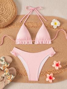 Swim Mod 女款夏季新款海灘泳裝時尚度假休閒甜美紋理拼接條紋面料可愛荷葉邊飾精緻金屬海星貝殼吊墜性感露背繫帶兩件式比基尼泳衣套裝 - 彩色 - 查看 4