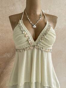 Soleia Women's Vacation Tassel Decor Lace Patchwork Pleated Halter Neck Tie Tank Top Beach Beige Summer Tropical Boho - Apricot - View 4