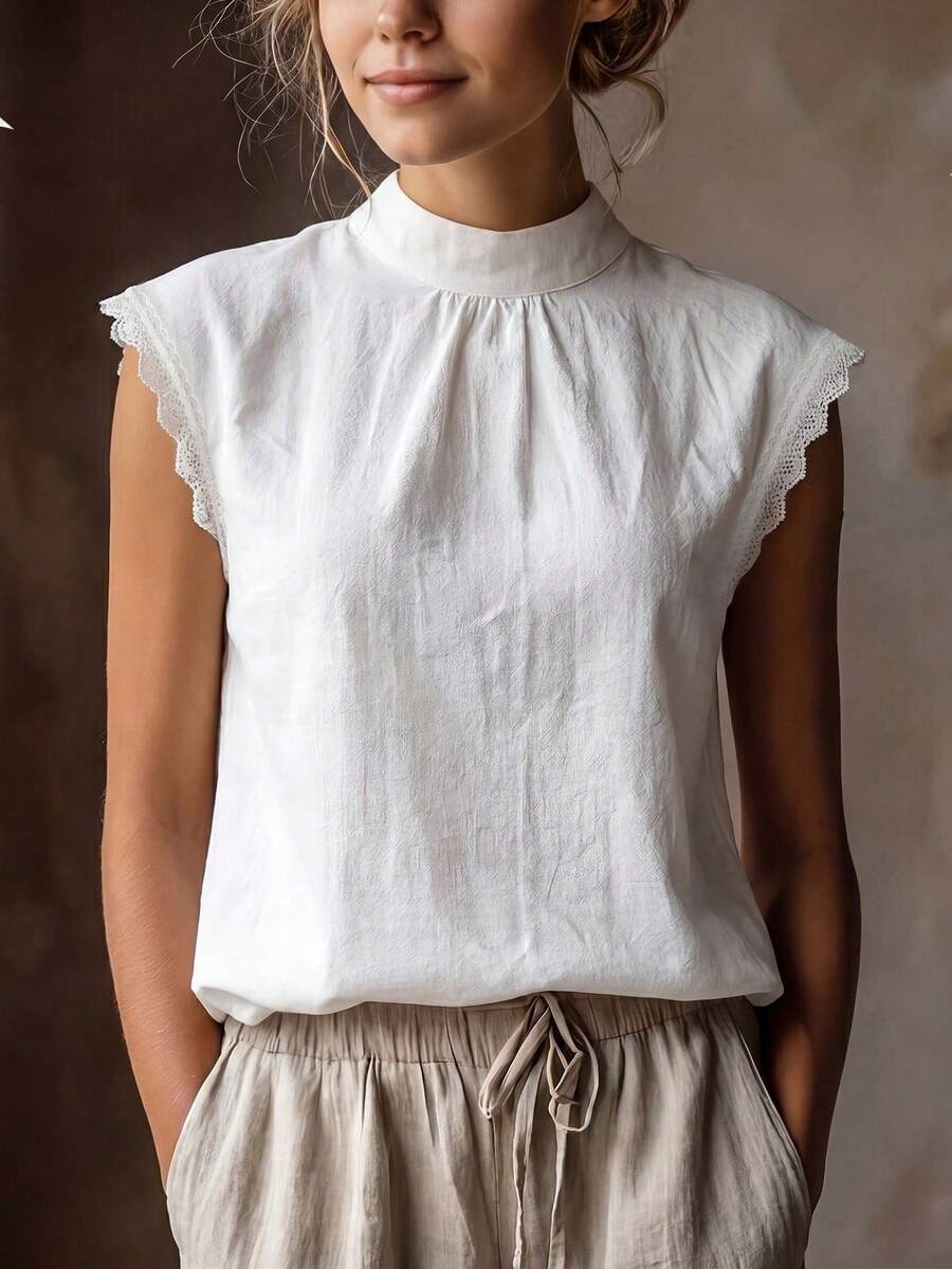 SHEIN 女款休閒法式優雅純色襯衫，夏季新品，適合早午餐、早餐、白色辦公室穿搭