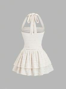 Sweetra New Casual Solid Color Textured Tie-Up Camisole High Waist Flared Skirt, Suitable For Spring/Summer Everyday Wear - Apricot - View 2