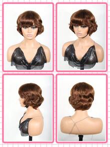 Wig Potongan Pixie Rambut Manusia Pendek Wig Pixie dengan Poni untuk Wanita Wig Pendek Alami Tanpa Lem Wig Pixie Lurus Berlapis Tanpa Renda Depan - Cokelat Wig Murah dari Telinga ke Telinga Ramah untuk Pemula - S4 - View 4