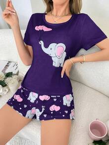 SHEIN Cute Elephant Heart 2 Pieces Women's Pajama Set - Multicolor - View 6