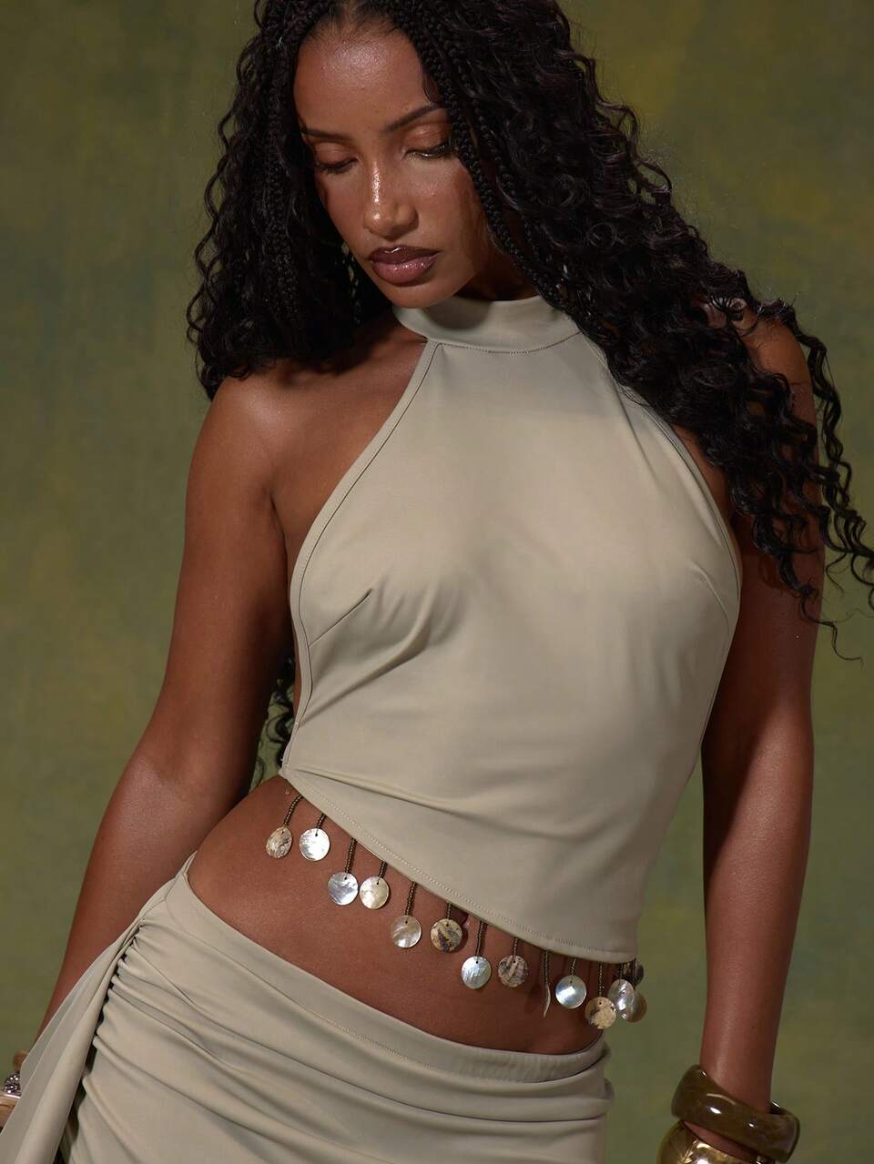 Biege High Neck Knotted Open Racer Back Asymmetric Embellished Beaded Shell Hem Top