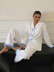 DAZY Cute Colorblock Lace-Up Bow Ruffle Trim Cardigan Long Sleeve & Long Pants 2pcs Set Spring Women's Pajama Set Fall - White - View 3