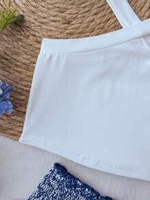 SHEIN Tween Girl Solid Color Halter Top And Floral Ruffle Hem Skirt Set - Blue and White - View 3