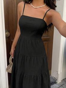 Sunnyshic Peach Textured Fabric Drawstring Pleated Camisole Loose Flattering Vacation Style Sleeveless Dress - Black - View 5